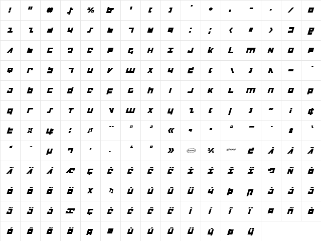 Flight Corps Italic Italic  glyph index