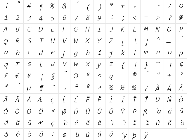 TheSans Mono ExtraLight Italic  glyph index