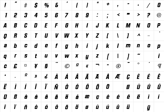 Diamante Bold Italic  glyph index