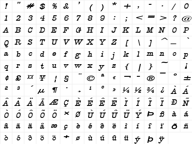 Clown Wide BoldItalic  glyph index