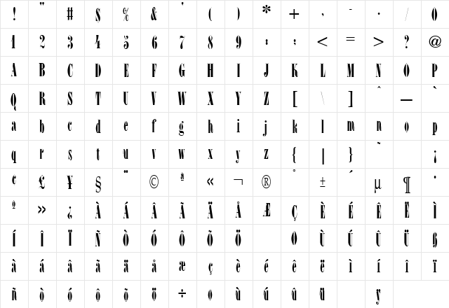 LSC Condensed Regular  glyph index