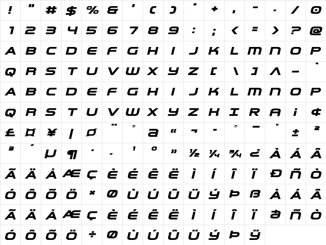 Omega Flight Expanded Italic Regular  glyph index
