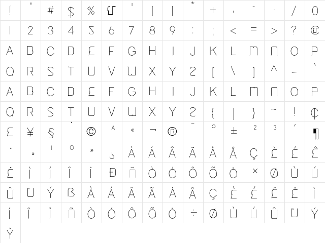 Cinga Light  glyph index