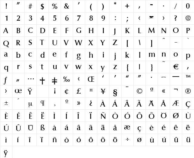 Columbia-Medium Regular  glyph index