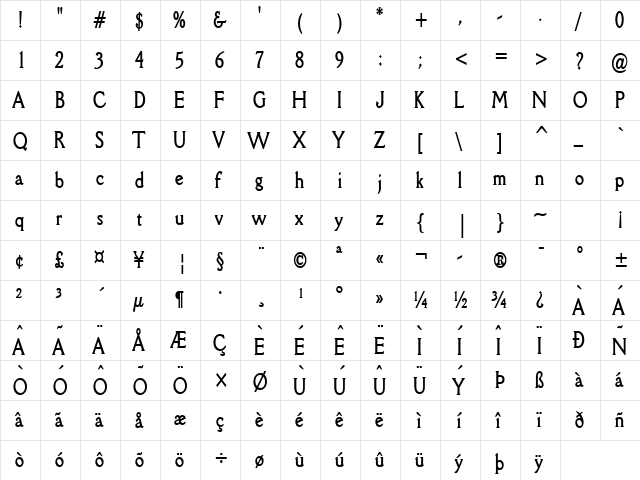 Rory Thin Bold  glyph index