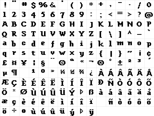 FFF Enterprise Bold Extended Regular  glyph index