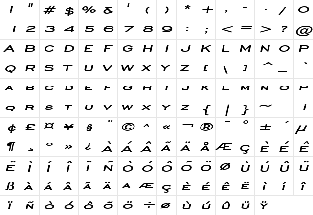 Chisel Extended Bold Italic  glyph index