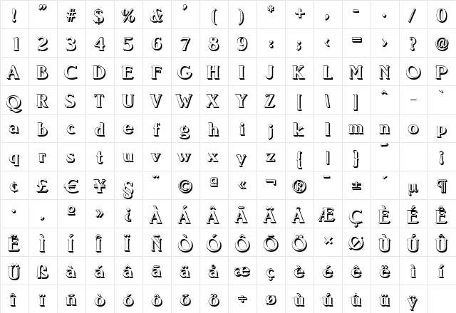 NevadaShadow Bold  glyph index
