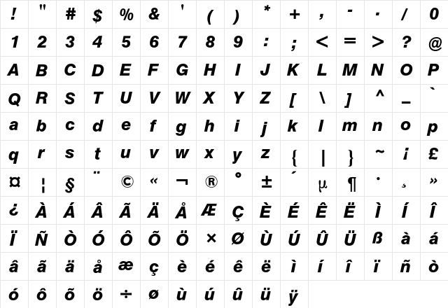 Helvetica BQ Regular  glyph index