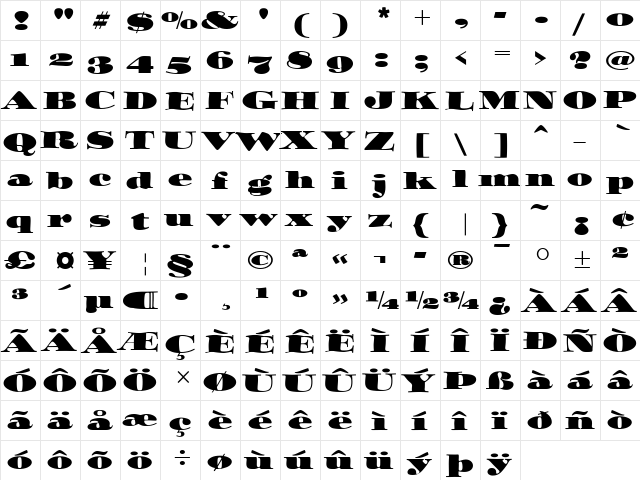 Ozwald ITC OS Regular  glyph index