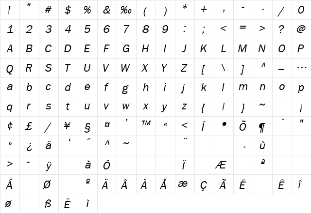FranklinGothicLightSSK Italic  glyph index