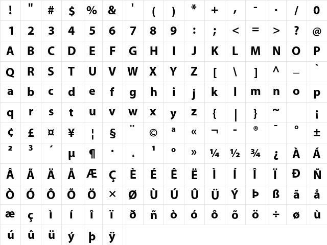 Myriad Pro Bold  glyph index