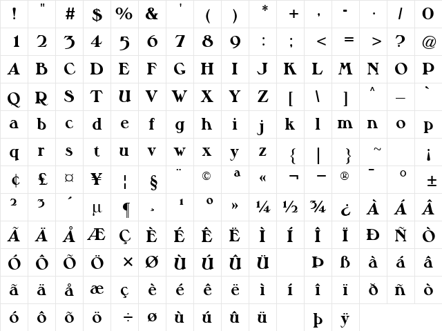 Musketeer Extra Bold Regular  glyph index