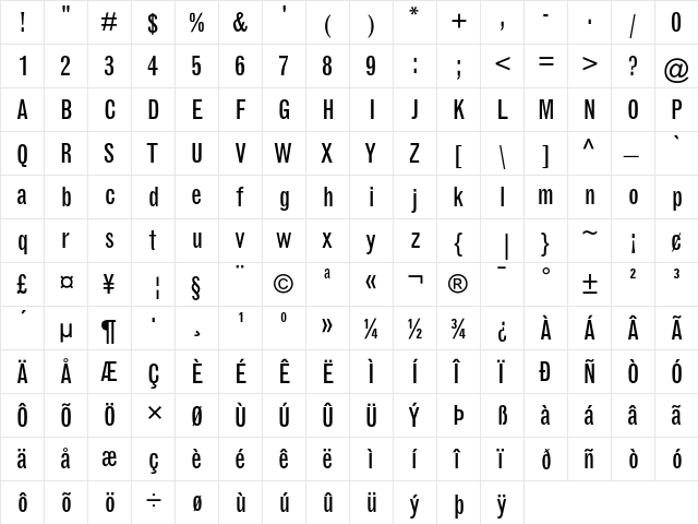 Grotesque MT Condensed  glyph index