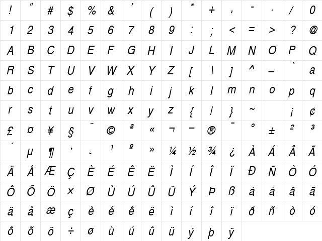 Alps-Condensed Italic  glyph index