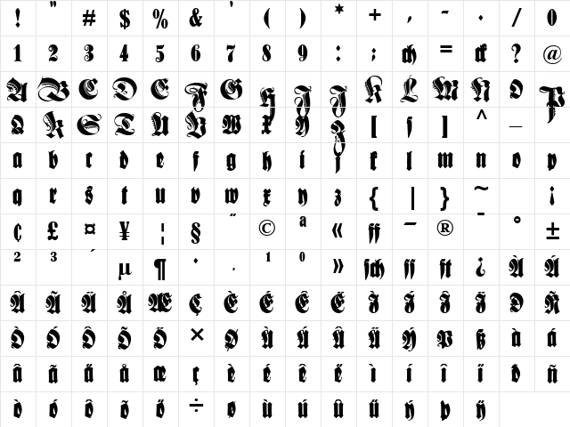 Schmale Anzeigenschrift Zier Regular  glyph index