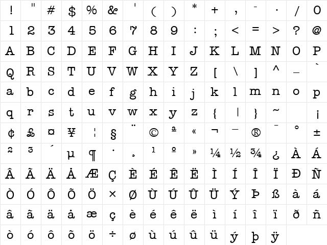 AmerType Regular  glyph index