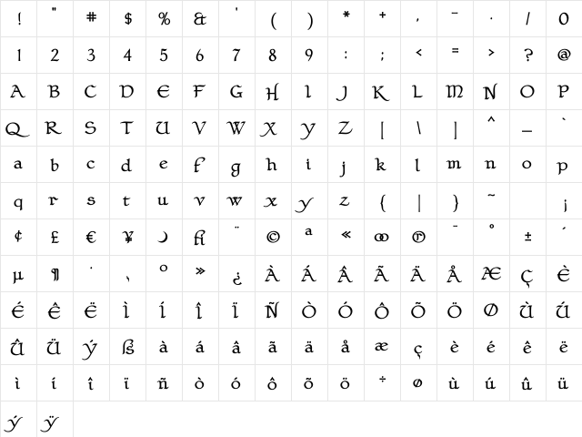 ClaustrumBold Regular  glyph index