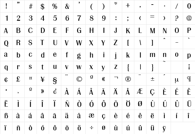 Grenoble-Serial Regular  glyph index