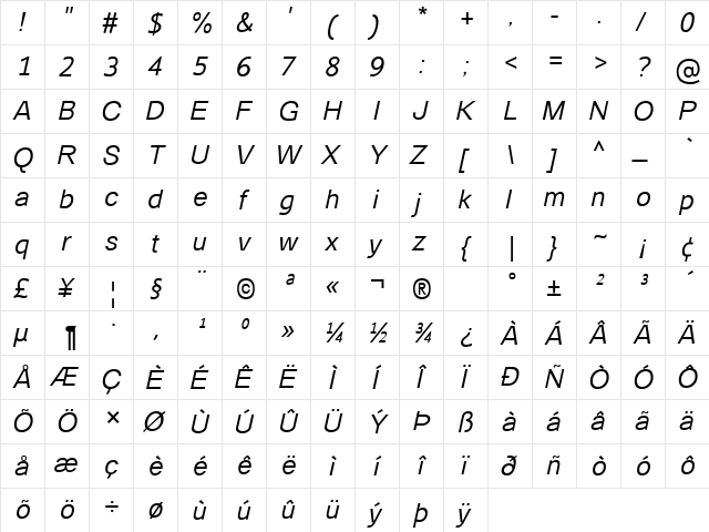 Catriel Italic  glyph index