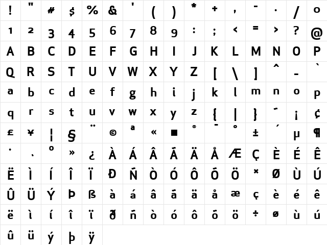 ApexSansBoldST Regular  glyph index