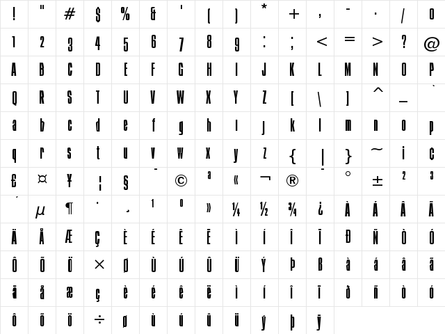 Ibiza Regular  glyph index