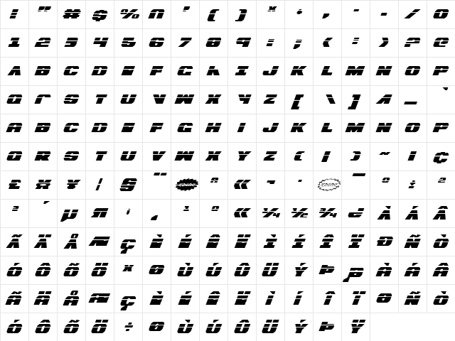 Bummer Laser Italic Laser Italic  glyph index