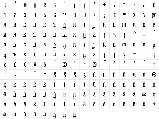 GoodnightBold Regular  glyph index