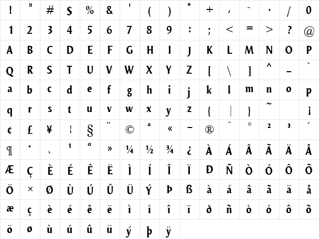 Odense Cond Bold  glyph index