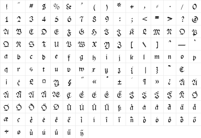 Sheffield Regular  glyph index
