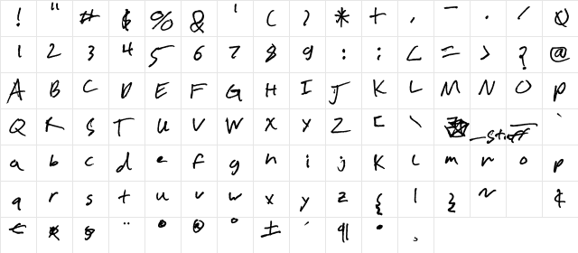 Chicken Scratch Regular  glyph index