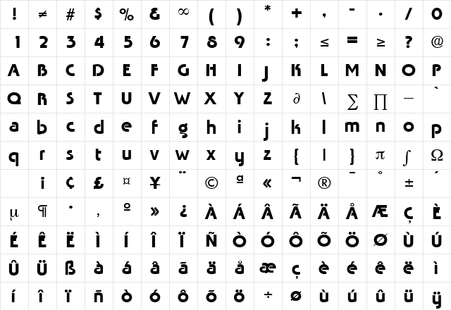 Tabasco DB Regular  glyph index