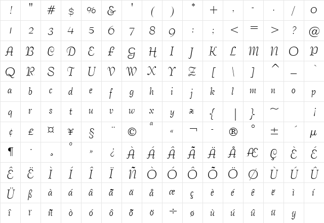 Bernhard Tango GX BT Regular  glyph index