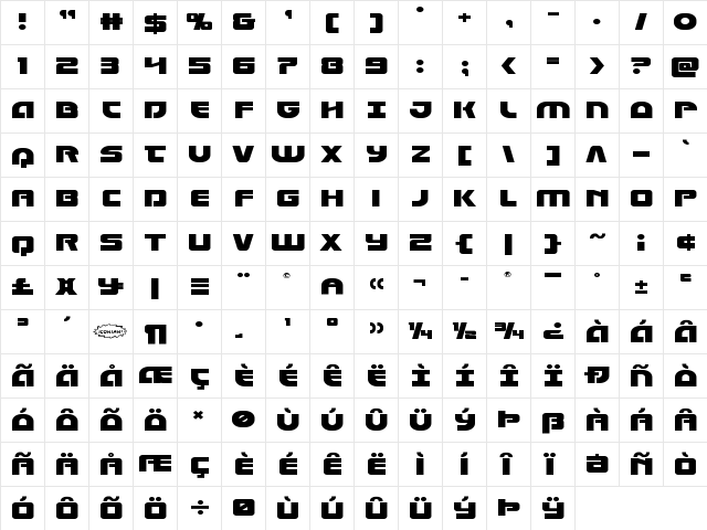 Laser Corps Expanded Regular  glyph index