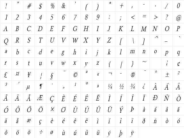 Revive 8-Condensed Italic  glyph index