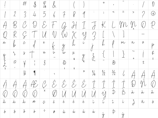Midnight Signature Demo Versio Regular  glyph index