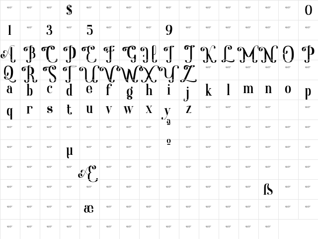 Westland free for personal use Regular  glyph index