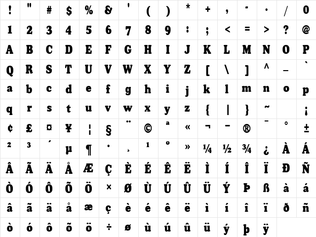 BroadsideCondensed Normal  glyph index
