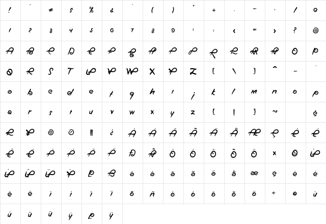 Bee Long Regular  glyph index