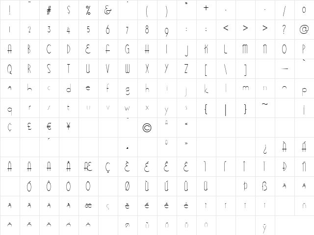 Bittersweet Revised Regular  glyph index