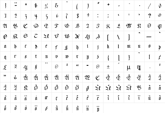 OldGerman Regular  glyph index