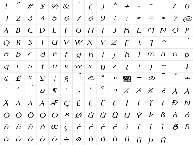 FosterExpanded Italic  glyph index