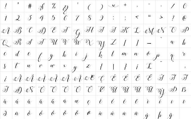 Stylish Calligraphy Demo Regular  glyph index