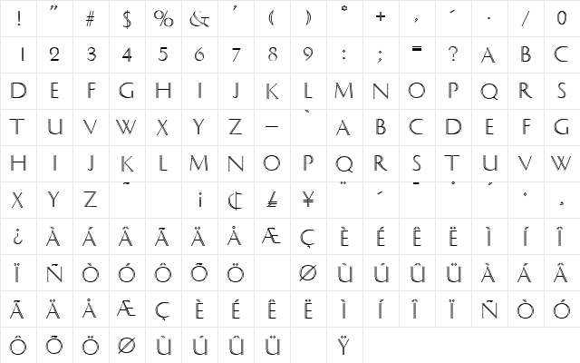 Delphin DB Regular  glyph index