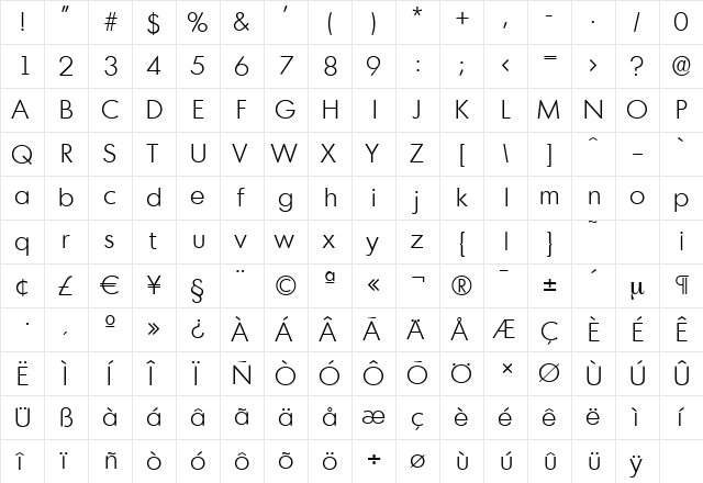 MontrealSerial-Light Regular  glyph index