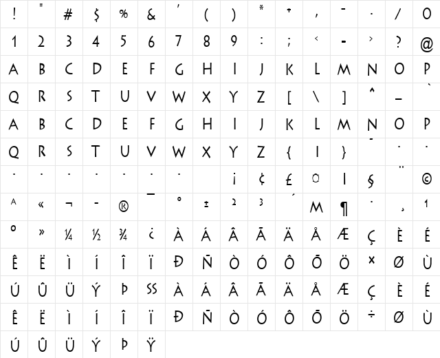 Liste-Condensed Normal  glyph index
