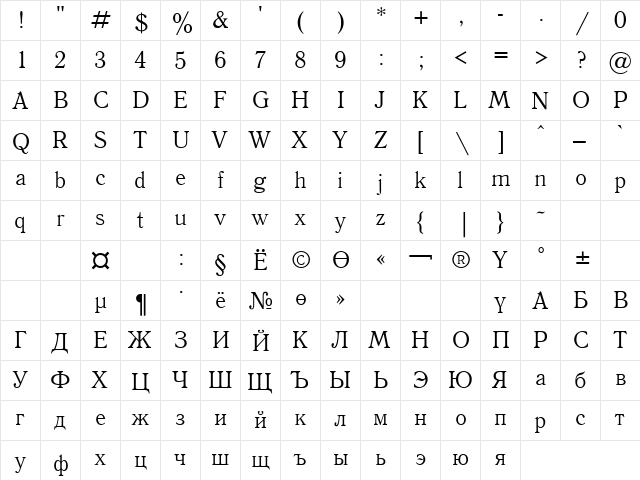 DT Antiqua Regular  glyph index