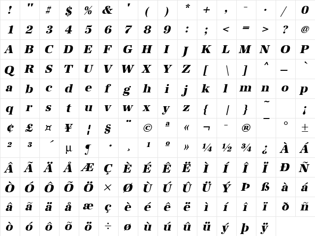 URWAntiquaTExtBol Oblique  glyph index