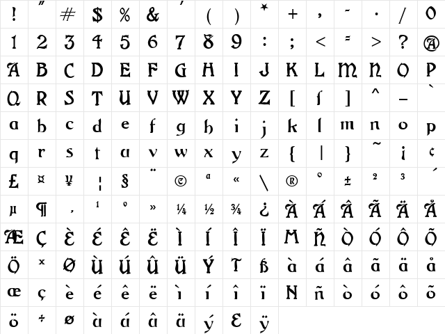 Grange Regular  glyph index