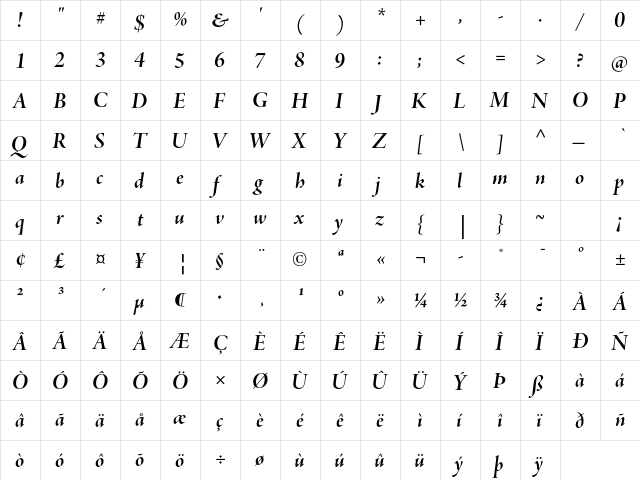 Adobe Jenson Pro Bold Italic Display  glyph index